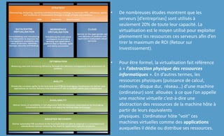 • De nombreuses études montrent que les
serveurs [d’entreprises] sont utilisés à
seulement 20% de toute leur capacité. La
virtualisation est le moyen utilisé pour exploiter
pleinement les ressources ces serveurs afin d’en
tirer le maximum de ROI (Retour sur
Investissement).
• Pour être formel, la virtualisation fait référence
à « l’abstraction physique des ressources
informatiques ». En d’autres termes, les
ressources physiques (puissance de calcul,
mémoire, disque dur, réseau…) d’une machine
(ordinateur) sont allouées à ce que l’on appelle
une machine virtuelle c’est-à-dire une
abstraction des ressources de la machine hôte à
partir de leurs équivalents
physiques. L’ordinateur hôte "voit" ces
machines virtuelles comme des applications
auxquelles il dédie ou distribue ses ressources.
 