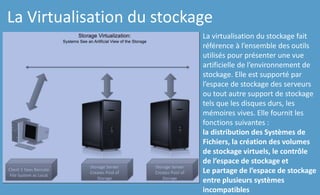 La Virtualisation du stockage
La virtualisation du stockage fait
référence à l’ensemble des outils
utilisés pour présenter une vue
artificielle de l’environnement de
stockage. Elle est supporté par
l’espace de stockage des serveurs
ou tout autre support de stockage
tels que les disques durs, les
mémoires vives. Elle fournit les
fonctions suivantes :
la distribution des Systèmes de
Fichiers, la création des volumes
de stockage virtuels, le contrôle
de l’espace de stockage et
Le partage de l’espace de stockage
entre plusieurs systèmes
incompatibles
 