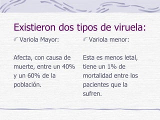 Existieron dos tipos de viruela: Variola Mayor: Afecta, con causa de  muerte, entre un 40% y un 60% de la población. Variola menor: Esta es menos letal,  tiene un 1% de  mortalidad entre los  pacientes que la  sufren. 