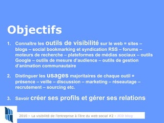 3
Objectifs
1. Connaître les outils de visibilité sur le web = sites –
blogs – social bookmarking et syndication RSS – for...