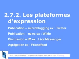 34
2.7.2. Les plateformes
d’expression
Publication – microblogging ex : Twitter
Publication – news ex : Wikio
Discussion –...