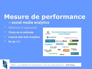57
Mesure de performance
– social media analytics
 Définition et approches
 Choix de la méthode
 Leçons des web analyti...