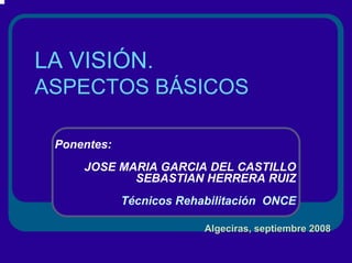 LA VISIÓN.
ASPECTOS BÁSICOS
Ponentes:
JOSE MARIA GARCIA DEL CASTILLO
SEBASTIAN HERRERA RUIZ
Técnicos Rehabilitación ONCE
Algeciras, septiembre 2008Algeciras, septiembre 2008
 