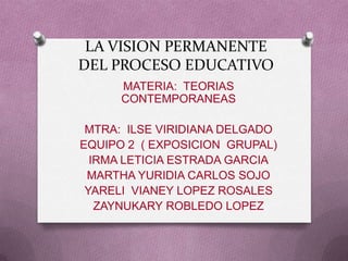 LA VISION PERMANENTE
DEL PROCESO EDUCATIVO
      MATERIA: TEORIAS
      CONTEMPORANEAS

 MTRA: ILSE VIRIDIANA DELGADO
EQUIPO 2 ( EXPOSICION GRUPAL)
  IRMA LETICIA ESTRADA GARCIA
 MARTHA YURIDIA CARLOS SOJO
 YARELI VIANEY LOPEZ ROSALES
   ZAYNUKARY ROBLEDO LOPEZ
 
