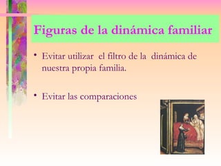 Figuras de la dinámica familiar
• Evitar utilizar el filtro de la dinámica de
  nuestra propia familia.

• Evitar las comparaciones
 