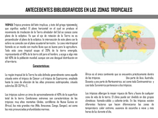 ANTECEDENTES BIBLIOGRAFICOS EN LAS ZONAS TROPICALES
TRÓPICO: Trópico proviene del latín tropĭcus, y éste del griego τροπικός
que significa vuelta.1 El plano horizontal en el cual se produce el
movimiento de traslación de la Tierra alrededor del Sol se conoce como
plano de la eclíptica. Ya que el eje de rotación de la Tierra no es
perpendicular al plano de la eclíptica, la intersección de este plano con la
esfera no coincide con el plano ecuatorial terrestre. La zona intertropical
húmeda es un mundo con mucha lluvia que es bueno para la agricultura.
Toda esta zona tropical ocupa el 20% de la tierra emergida,
representando el 40% de la tierra útil para el hombre, yacoge a algo más
del 40% de la población mundial, aunque con una desigual distribución en
el territorio.
Características:
La región tropical de la Tierra ha sido definida generalmente como aquella
situada entre el trópico de Cáncer y el trópico de Capricornio, ampliada
hasta la zona de afección de las altas presiones subtropicales, situada
sobrelos 30-35ºN y S.
Los trópicos cubren un área de aproximadamente el 40% de la superficie
total de la tierra. Condiciones extremas son características de los
trópicos; muy altas montañas (Andes, cordilleras de Nueva Guinea en
África), los más grandes ríos (Nilo, Amazonas, Congo, Ganges), así como
las más pronunciadasprofundidadesmarinas.
África es el único continente que se encuentra prácticamente dentro
de los trópicos. Una parte de Asia, Australia,
Oceanía y una parte de Norteamérica, así como toda Centroamérica y
casitoda Suraméricapertenecen a los trópicos.
Los trópicos albergan la mayor riqueza de flora y fauna de cualquier
zona de vida de la tierra. El clima puede ser dividido en dos grupos
climáticos: húmedo-cálido y caliente-árido. En los trópicos existen
diferentes factores que hacen diferenciarse las zonas de
temperatura: calor extremo, ausencia de escarcha o nieve y más
horas de luz durante el día.
 