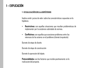 b) EVALUACIÓNDELAHIPÓTESIS
Implica emitir juicios de valor sobre las características expuestas en la
hipótesis.
• Restrictivas: son aquellas situaciones que resulten problemáticas de
implementar por la existencia sobretodo de normas.
• Conflictivas: son aquellas que ocasionan problemas entre los
intereses de los actores en el problema (cliente/arquitecto).
Durante de etapa de diseño
Durante de etapa de construcción
Durante la operación del objeto.
Potencialidades:son los factores que inciden positivamente en la
realizacióndel proyecto.
1 – EXPLICACIÓN
 
