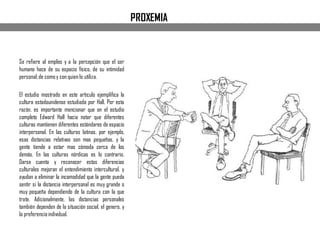 Se refiere al empleo y a la percepción que el ser
humano hace de su espacio físico, de su intimidad
personal;de comoy con quien lo utiliza.
El estudio mostrado en este articulo ejemplifica la
cultura estadounidense estudiada por Hall. Por esta
razón, es importante mencionar que en el estudio
completo Edward Hall hacia notar que diferentes
culturas mantienen diferentes estándares de espacio
interpersonal. En las culturas latinas, por ejemplo,
esas distancias relativas son mas pequeñas, y la
gente tiende a estar mas cómoda cerca de los
demás. En las culturas nórdicas es lo contrario.
Darse cuenta y reconocer estas diferencias
culturales mejoran el entendimiento intercultural, y
ayudan a eliminar la incomodidad que la gente pueda
sentir si la distancia interpersonal es muy grande o
muy pequeña dependiendo de la cultura con la que
trate. Adicionalmente, las distancias personales
también dependen de la situación social, el genero, y
la preferenciaindividual.
PROXEMIA
 