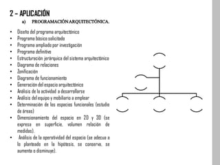 a) PROGRAMACIÓNARQUITECTÓNICA.
2 – APLICACIÓN
• Diseño del programa arquitectónico
• Programa básico solicitado
• Programa ampliado por investigación
• Programa definitivo
• Estructuración jerárquica del sistema arquitectónico
• Diagrama de relaciones
• Zonificación
• Diagrama de funcionamiento
• Generación del espacio arquitectónico
• Análisis de la actividad a desarrollarse
• Análisis del equipo y mobiliario a emplear
• Determinación de los espacios funcionales (estudio
de áreas)
• Dimensionamiento del espacio en 2D y 3D (se
expresa en superficie, volumen relación de
medidas).
• Análisis de la operatividad del espacio (se adecua a
lo planteado en la hipótesis, se conserva, se
aumenta o disminuye).
 