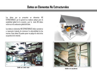 Los daños que se presenten en elementos NO
ESTRUCTURALES, por lo general no implican peligro para la
estabilidad global de la vivienda y por lo tanto NO deben
incluirseen la evaluación global del daño.
Los daños en elementos NO ESTRUCTURALES deben someterse
a reparación tratando de minimizar la vulnerabilidad de los
mismos. Estos daños SI pueden poner en peligro la vida de los
ocupantes de la vivienda.
Daños en Elementos No Estructurales
 