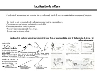 La localizaciónde la casaes importante para evitar futuros problemas a la vivienda. Al construir una vivienda debe tomar en cuenta lo siguiente:
• Una vivienda no debe ser construidasobrerelleno sin compactar,material orgánicoo basura.
• Evite construir en zonasbajas que puedaninundarsecon facilidad.
• Evite construir en laderas conmucha pendiente.
• No construya sobrelechos secosde ríos o arroyos.
• No construya al borde de una cañada.
Puedes evitarte problemas ubicando correctamente tu casa. Evita las zonas inundables, zonas de deslizamientos de tierras y los
rellenos sin compactar.
Localización de la Casa
 