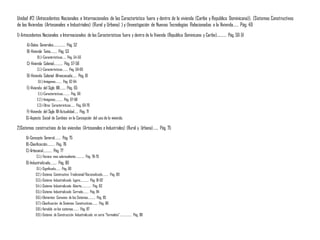 Unidad #2: (Antecedentes Nacionales e Internacionales de las Característica fuera y dentro de la vivienda (Caribe y Republica Dominicana)), (Sistemas Constructivos
de las Viviendas (Artesanales e Industriales) (Rural y Urbana) ) y (Investigación de Nuevas Tecnologías Relacionadas a la Vivienda…… Pág. 49
1)-Antecedentes Nacionales e Internacionales de las Características fuera y dentro de la Vivienda (Republica Dominicana y Caribe)………… Pág. 50-51
A)-Datos Generales……………. Pág. 52
B)-Vivienda Taina……… Pág. 53
B.1.)-Características….. Pág. 54-56
C)-Vivienda Colonial………… Pág. 57-58
C.1.)-Características…….. Pág. 59-60
D)-Vivienda Colonial Afrancesada…… Pág. 61
D.1.)-Imágenes……… Pág. 62-64
E)-Vivienda del Siglo XIX…….. Pág. 65
E.1.)-Características………. Pág. 66
E.2.)-Imágenes……….. Pág. 67-68
E.3.)-Otras Caracteristicas…… Pág. 69-70
F)-Vivienda del Siglo XX-Actualidad….. Pág. 71
G)-Aspecto Social de Cambios en la Concepción del uso de la vivienda.
2)Sistemas constructivos de las viviendas (Artesanales e Industriales) (Rural y Urbana)……. Pág. 75
A)-Concepto General……… Pág. 75
B)-Clasificación………. Pág. 76
C)-Artesanal………… Pág. 77
C.1.)-Técnica mas sobresaliente…………. Pág. 78-79
D)-Industrializada……… Pág. 80
D.1.)-Significado……. Pág. 80
D.2.)-Sistema Constructivo Tradicional/Racionalizado……… Pág. 80
D.3.)-Sistema Industrializado Ligero…………. Pág. 81-82
D.4.)-Sistema Industrializado Abierto…………… Pág. 83
D.5.)-Sistema Industrializado Cerrado……… Pág. 84
D.6.)-Elementos Comunes de los Sistemas……….. Pág. 85
D.7.)-Clasificación de Sistemas Constructivos…….. Pág. 86
D.8.)-Variable en los sistemas……… Pág. 87
D.9.)-Sistema de Construcción Industrializado en serie “Formaleta”……………… Pág. 88
 