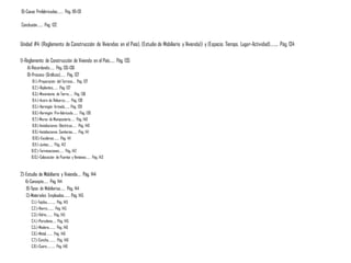 B)-Casas Prefabricadas……. Pág. 119-131
Conclusión……. Pág. 132
Unidad #4: (Reglamento de Construcción de Viviendas en el País), (Estudio de Mobiliario y Vivienda)) y (Espacio, Tiempo, Lugar-Actividad)…….. Pág. 134
1)-Reglamento de Construcción de Vivienda en el País…… Pág. 135
A)-Recordando…… Pág. 135-136
B)-Proceso (Gráficos)…… Pág. 137
B.1.)-Preparación del Terreno…. Pág. 137
B.2.)-Replanteo……. Pág. 137
B.3.)-Movimiento de Tierra…… Pág. 138
B.4.)-Acero de Refuerzo……. Pág. 138
B.5.)-Hormigón Armado……. Pág. 139
B.6.)-Hormigón Pre-fabricado……. Pág. 139
B.7.)-Muros de Mampostería…… Pág. 140
B.8.)-Instalaciones Eléctricas…… Pág. 140
B.9.)-Instalaciones Sanitarias…… Pág. 141
B.10.)-Escaleras……. Pág. 141
B.11.)-Juntas…… Pág. 142
B.12.)-Terminaciones…… Pág. 142
B.13.)-Colocación de Puertas y Ventanas…… Pág. 143
2)-Estudio de Mobiliario y Vivienda…. Pág. 144
A)-Concepto…… Pág. 144
B)-Tipos de Mobiliarios…… Pág. 144
C)-Materiales Empleados……. Pág. 145
C.1.)-Tejidos……….. Pág. 145
C.2.)-Hierro……… Pág. 145
C.3.)-Vidrio…….. Pág. 145
C.4.)-Porcelana….. Pág. 145
C.5.)-Madera……… Pág. 146
C.6.)-Metal……… Pág. 146
C.7.)-Concha………. Pág. 146
C.8.)-Cuero……….. Pág. 146
 