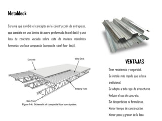 Metaldeck
Sistema que cambió el concepto en la construcción de entrepisos,
que consiste en una lámina de acero preformada (steel deck) y una
losa de concreto vaciada sobre esta de manera monolítica
formando una losa compuesta (composite steel floor deck).
VENTAJAS
Gran resistencia y seguridad.
Se instala más rápido que la losa
tradicional.
Se adapta a todo tipo de estructuras.
Reduce el uso de concreto.
Sin desperdicios ni formaletas.
Menor tiempo de construcción.
Menor peso y grosor de la losa
 