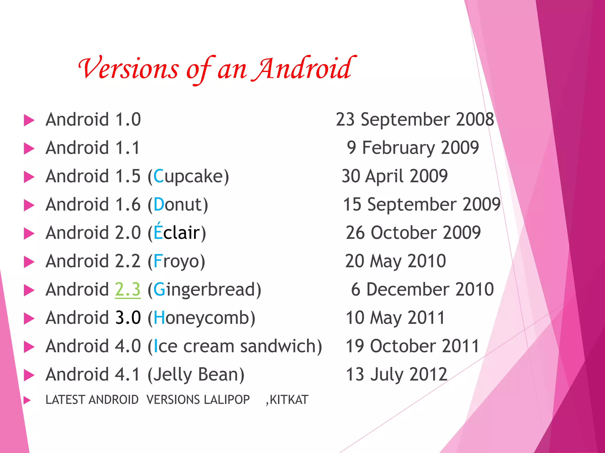 Versions of an Android
 Android 1.0 23 September 2008
 Android 1.1 9 February 2009
 Android 1.5 (Cupcake) 30 April 2009
 Android 1.6 (Donut) 15 September 2009
 Android 2.0 (Éclair) 26 October 2009
 Android 2.2 (Froyo) 20 May 2010
 Android 2.3 (Gingerbread) 6 December 2010
 Android 3.0 (Honeycomb) 10 May 2011
 Android 4.0 (Ice cream sandwich) 19 October 2011
 Android 4.1 (Jelly Bean) 13 July 2012
 LATEST ANDROID VERSIONS LALIPOP ,KITKAT
 