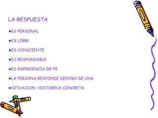LA RESPUESTA
ES PERSONAL
ES LIBRE
ES CONSCIENTE
ES RESPONSABLE
ES EXPERIENCIA DE FE
LA PERSONA RESPONDE DENTRO DE UNA
SITUACION HISTORICA CONCRETA
 