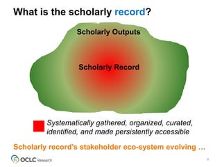 What is the scholarly record?
3
Systematically gathered, organized, curated,
identified, and made persistently accessible
Scholarly Outputs
Scholarly Record
Scholarly record’s stakeholder eco-system evolving …
 