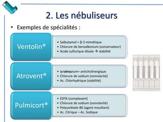 2. Les nébuliseurs
• Exemples de spécialités :
• Salbutamol = β-2 mimétique
• Chlorure de benzalkonium (conservateur)
• Acide sulfurique diluée  stabilité
Ventolin®
• Ipratropium= anticholinergique
• Chlorure de sodium (osmolarité)
• Ac. Chlorhydrique (stabilité)
Atrovent®
• EDTA (complexant)
• Chlorure de sodium (osmolarité)
• Polysorbtate 80 (agent mouillant)
• Ac. Citrique – Ac. Sodique
Pulmicort®
 