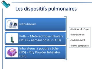 Les dispositifs pulmonaires
Nébuliseurs
Puffs = Metered Dose Inhalers
(MDI) = aérosol doseur (A.D)
Inhalateurs à poudre sèche
(IPS) = Dry Powder Inhalator
(DPI)
- Particules 1 – 5 µm
- Reproductible
- Stabilité du P.A
- Bonne compliance
 
