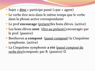 Sujet +  être  + participe passé (+par + agent) Le verbe être sera dans le même temps que le verbe dans la phrase active correspondante Le prof  encourage  ( présent )les bons élèves. (active) Les bons élèves  sont   ( être au présent)  encouragé s  par le prof. (passive) Beethoven  a composé  ( passé composé ) la Cinquième symphonie. (active) La Cinquième symphonie  a été  ( passé composé du verbe être )composé e  par B. (passive)   
