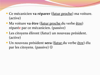 Ce mécanicien  va réparer  ( futur proche ) ma voiture. (active) Ma voiture  va être  ( futur proche  du verbe  être ) réparé e  par ce mécanicien. (passive) Les citoyens éliront (futur) un nouveau président. (active) Un nouveau président  sera  ( futur  du verbe  être ) élu par les citoyens. (passive)   