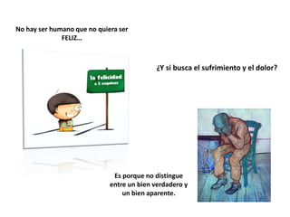No hay ser humano que no quiera ser 
FELIZ… 
¿Y si busca el sufrimiento y el dolor? 
Es porque no distingue 
entre un bien verdadero y 
un bien aparente. 
 