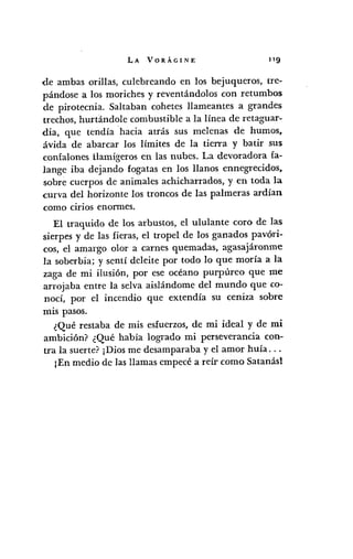 LA VORÁGINE 119
de ambas orillas, culebreando en los bejuqueros, tre-
pándose a los moriches y reventándolos con retumbas
de pirotecnia. Saltaban cohetes llameantes a grandes
trechos, hurtándole combustible a la línea de retaguar-
dia, que tendía hacia atrás sus melenas de humos,
ávida de abarcar los límites de la tierra y batir sus
t:onfalones tlamígeros en las nubes. La devoradora fa-
lange iba dejando fogatas en los llanos ennegrecidos,
sobre cuerpos de animales achicharrados, y en toda la
curva del horizonte los troncos de las palmeras ardían
como cirios enormes.
El traquido de los arbustos, el ululante coro de las
sierpes y de las fieras, el tropel de los ganados pavóri-
cos, el amargo olor a carnes quemadas, agasajáronme
la soberbia; y sentí deleite por todo lo que moría a la
zaga de mi ilusión, por ese océano purpúreo que me
arrojaba entre la selva aislándome del mundo que co-
nocí, por el incendio que extendía su ceniza sobre
mis pasos.
¿Qué restaba de mis esfuerzos, de mi ideal y de mi
ambición? ¿Qué había logrado mi perseverancia con-
tra la suerte? ¡Dios me desamparaba y el amor huía ...
¡En medio de las llamas empecé a reír como Satanás!
 