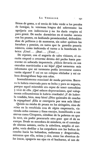 LA VORÁGINE
llenos de goma, o el tercio de leña verde o los peroles
de fumigar, la venenosa lengua del sobrestante las
aguijaría con indecencia s y no les daría respiro ni
para gemir. De noche dormirían en el tambo oscuro
con los peones, en hedionda promiscuidad, defendién-
dose de pellizcas y de manoseas, sin saber quiénes las
forzaban y poseían, en tanto que la guardia pasaría
número, como indicando el turno a la hombrada lÚ-
brica: ¡Unol ... ¡Dosl ... ¡Tresl ...
De repente, con el augurio de tales visiones, el co-
razón empezó a crecerme dentro del pecho hasta pos-
trarme en sofocada impotencia. ¿Alicia llevaría en sus
entrañas martirizadas a mi hijo? ¿Qué tormento más
inhumano que mi tormento ·podía inventarse contra
varón alguno? Y caí en un colapso sibilador y mi ca-
beza desangrábase bajo mis uñas.
Insensiblemente reaccioné de modo perverso. Barre-
ra la habría reservado para su lecho y para su negocio,
porque aquel miserable era capaz de tener concubina
y vivir de ella. ¡Qué salaces depravaciones, qué volup-
tuosos refinamientos le habría enseñado! ¡Y de haber-
la vendido, bien, muy bien! ¡Diez quintales de caucho
la repagabanl ¡Ella se entregaría por una sola libral
Quizás no estaba de peana en los siringales, sino de
reina en la entablada casa de algún empresario, vis-
tiendo sedas costosas y finos encajes, humillando a sus
siervas como Clt~opatra, riéndose de la pobreza en que
la tuve, sin poder procurarle otro goce que el de su
cuerpo. Desde su mecedora de mimbres, en el corredor
de olorosa sombra, suelta la cabellera, amplio el cor-
piño, vería desfilar a los cargadores con los bultos de
caucho hacia las balandras, sudorosos y desgarrados,
mientras que ella, ociosa y rica, entre los abanicos de
las iracas, apagaría sus ojos en el bochorno, al son de
 