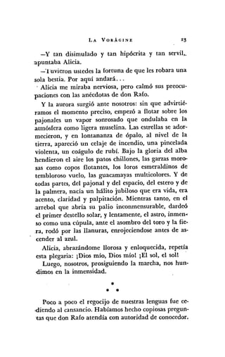 LA VORÁGINE
-y tan disimulado y tan hipócrita y tan servil"
:apuntaba Alicia.
-Tuvieron ustedes la fortuna de que les robara una
sola bestia. Por aquí andará ...
. Alicia me miraba nerviosa, pero calmó sus preocu-
paciones con las anécdotas de don Rafo.
y la aurora surgió a.nte nosotros: sin que advirtié-
ramos el momento preciso, empezó a flotar sobre los
pajonales un vapor sonrosado que ondulaba en la
.atmósfera como ligera muselina. Las estrellas se ador-
mecieron, y en lontananza de ópalo, al nivel de la
tierra, apareció un celaje de incendio, una pincelada
violenta, un coágulo de rubí. Bajo la gloria del alba
bendieron el aire los patos chillones, las garzas moro-
sas como copos flotantes, los loros esmeraldinos de
tembloroso vuelo, las guacamayas multicolores. Y de
todas partes, del pa jonal y del espacio, del estero y de
la palmera, nacía un hálito jubiloso que era vida, era
acento, claridad y palpitación. Mientras tanto, en el
.arrebol que abría su palio inconmensurable, dardeó
el primer destello solar, y lentamente, el astro, inmen~
so como una cúpula, ante el asombro del toro y la fie-
.ra, rodó por las llanuras, enrojeciendose antes de as-
cender al azul.
Alicia, abrazándome llorosa y enloquecida, repetía
esta plegaria: ¡Dios mío, Dios míol ¡El sol, el sol! .
Luego, nosotros, prosiguiendo la marcha, nos hun-
·dimos en la inmensidad .
•
• •
Poco a poco el regocijo de nuestras lenguas fue ce-
.diendo al cansancio. Habíamos hecho copiosas pregun-
'tas que don Rafo atendía con autoridad de conocedor.
 