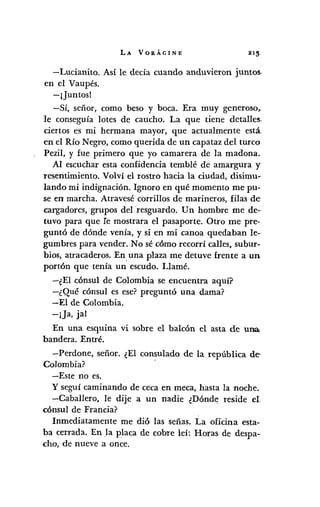 LA VORÁGINE :113-
-Lucianito. Así le decía cuando anduvieron juntoso
en el Vaupés.
-¡Juntos!
-Sí, señor, como beso y boca. Era muy generoso,o
le conseguía lotes de caucho. La que tiene detalles.
ciertos es mi hermana mayor, que actualmente está
en el Río Negro, como querida de un capataz del turco
Pezil, y fue primero que yo camarera de la madona.
Al escuchar esta confidencia temblé de amargura y
resentimiento. Volví el rostro hacia la ciudad, disimu~
landa mi indignación. Ignoro en qué momento me pu-
se en marcha. Atravesé corrillos de marineros, filas de-
cargadores, grupos delOresguardo. Un hombre me de-o
tuvo para que fe mostrara el pasaporte. Otro me pre-
guntó de dónde venía, y si en mi canoa quedaban le-
gumbres para vender. No sé cómo recorrí calles, subur-
bios, atracaderos. En, una plaza me detuve frente a un
portón que tenía un escudo. Llamé.
-~EI cónsul de Colombia se encuentra aquí?
-¿Qué cónsul es ese? preguntó una dama?
-El de Colombia.
-¡Ja, jal
En una esquina vi sobre el balcón el asta de una,
bandera. Entré.
-Perdone, señor. ¿El consulado de la república de-
Colombia? -
-Este no es.
y seguí caminando de ceca en meca, hasta la noche.
-Caballero, le dije a un nadie ¿Dónde reside el
cónsul de Francia?
Inmediatamente me dió las señas. La oficina esta-
ba cerrada. En la placa de cobre leí: Horas de despa--
cho, de nueve a once.
 