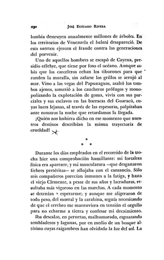 JOS" EUSTASIO RIVERA
lombia destruyen anualmente millones de árboles. En
los territorios de Venezuela el balatá desapareció. De
esta suerten ejercen el fraude contra las generaciones
del porvenir.
Uno de aquellos hombres se escapó de Cayena, pre-
sidio célebre, que tiene por foso el océano. Aunque sa-
bía que los carceleros ceban los tiburones para que •
ronden la muralla, sin zafarse los grillos se arrojó al
mar. Vino a las vegas del Papunaguas, asaltó los tam-
bos ajenos, sometió a los caucheros prófugos y mono-
polizando la explotación de goma, vivía con sus par-
dales y sus esclavos en las barracas del Guaracú, cu-
yas luces lejanas, al través de las espesuras, palpitaban
.ante nosotros la noche que retardamos la llegada.
¡Quién nos hubiera dicho en ese momento que nues-
tros destinos describían la misma trayectoria de
.crueldad! >1:::
*
* *
Durante los días empleados en el recorrido de la tro-
cha hice una comprobación humillante: mi fortaler;a
física era aparente, y mi musculatura -que desgastaron
fiebres pretéritas- se aflojaba con el cansancio. Sólo
mis compañeros parecían inmunes a la fatiga, y hasta
el viejo Clemente, a pesar de sus años y lacraduras, re-
sultaba más vigoroso en las marchas. A cada momento
se detenían'" esperarme; y aunque me aligeraron de
todo peso, del morral y la carabina, seguía necesitando
de que el cerebro me mantuviera en tensión el orgullo
para no echarme a tierra y confesar mi decaimiento.
Iba descalzo, en pernetas, malhumorado, esguazando
tembladeros y lagunas, por en medio de un bosque al-
tísimo cuyas raigambres han olvidado la luz del sol. La
 