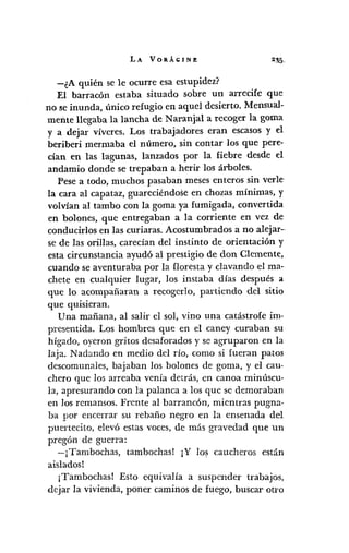 LA VORÁI;INE
-¿A quién se le ocurre esa estupidez?
El barracón estaba situado sobre un arrecife que
no se inunda, único refugio en aquel desierto. Mensual-
mente llegaba la lancha de Naranjal a recoger la goma
y a dejar víveres. Los trabajadores eran escasos y el
beriberi mermaba el número, sin contar los que pere-
cían en las lagunas, lanzados por la fiebre desde el
andamio donde se trepaban a herir los árboles.
Fese a todo, muchos pasaban meses enteros sin verk
la cara al capataz, guareciéndose en chozas mínimas, y
volvían al tambo con la goma ya fumigada, convertida
en bolones, que entregaban a la corriente en vez de
conducidos en las curiaras. Acostumbrados a no alejar--
se de las orillas, carecían del instinto de orientación y
esta circunstancia ayudó al prestigio de don Clemente,
cuando se aventuraba por la floresta y clavando el ma-
chete en cualquier lugar, los instaba días después a
que 10 acompañaran a recogerlo, partiendo del sitio
que quisieran.
Una mañana, al salir el sol, vino una catástrofe im-
presentida. Los hombres que en el caney curaban su
hígado, oyeron gritos desaforados y se agruparon en la
laja. Nadando en medio del río, como si fueran patos
descomunales, bajaban los balones de goma, y el cau-
chero que los arreaba venía detrás, en canoa minúscu-
la, apresurando con la palanca a los que se demoraban
en los remansos. Frente al barrancón, mientras pugna-
ba por encerrar su rebaño negro en la ensenada del
puertecito, elevó estas voces, de más gravedad que un
pregón de guerra:
-jTambochas, tambochas! jY los caucheros están
aislados!
¡Tambochas! Esto equivalía a suspender trabajos,
dejar la vivienda, poner caminos de fuego, buscar otro
 