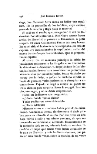 105#; EOSTASIO RIVERA
ciega, don Clemente Silva sueña en hallar una sepul~
tura. ¡Es la procesión de los infelices, cuyo camino
parte de la miseria y llega hasta la muertel
¿Y cuál era el rumbo que perseguían? El del río Cu~
'ricuriarí. Por allí entrarían al Río Negro setenta leguas
arriba de Naranjal, y pasarían a Umarituba, a pedir
amparo. El señor Costanheira Fontes era muy bueno.
En aquel sitio el horizonte se les ampliaba. En caso de
captura, era incuestionable la explicación: salían del
monte derrotados por las tambochas. Que le pregunta-
ral'l al capataz.
Al cuarto día de montaña principió la crisis: las
provisiones escasearon y los fangal es eran intérminos.
Se detuvieron a descansar, y, despojándose de las blu-
~as, las hacían jirones para envolverse las pantorrillas,
atormentadas por las sanguijuelas. Souza Machado,~-
neroso por la fatiga, a golpes de cuchillo dividió su
bolón de goma en varios pedazos para obsequiar a sus
compañeros. Fajardo se negó a recibir su parte: no
. tenía alientos para cargarla. Sonsa la recogió. Era cau-
cho, oro negro, y no se debía desperdiciar.
Hubo un indiscreto que preguntaba:
-¿Hacia dónde vamos ahora?
Todos replicaron reconviniéndolo:
-¡Hacia adelantel
Mientras tanto, el rumbero había perdido la orien-
tación. Avanzaba a tientas, sin detenerse ni decir pala-
bra, para no difundir el miedo. Por tres veces en una
hora volvió a salir a un mismo pantano, sin que sus
camaradas reconocieran el recorrido. Concentrando en
la memoria todo su ser, mirando hacia su cerebro, re-
,cordaba el mapa que tantas veces había estudiado en
la casa de Naranjal, y veía las líneas sinuosas, que pa-
recían una red de venas, sobre la mancha de un verde
 