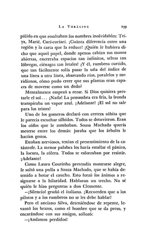 LA VORÁGINE
pálido en que resaltaban los nombres inolvidables: Tei.
ya, Marié, Curí-curiarí. ¡Cuánta diferencia entre una
región y la carta que la reduce! ¡Quién le hubiera di·
cllO que aquel papel, donde apenas cabían sus manos
abiertas, encerraba espacios tan infinitos, selvas tan
lóbregas, ciénagas tan letales! ¿Y él, rumbero curtido,
~ue tan fácilmente solía pasar la uña del· índice de
una línea a otra línea, abarcando ríos, paralelos y me-
ridianos, cómo pudo creer que sus plantas eran capa-
ces de moverse como un dedo?
Mentalmente empezó a rezar. Si Dios quisiera pres-
tarle el sol. .. ¡Nada! La penumbra era fría, la fronda
transpiraba un vapor azul. ¡Adelante! ¡El sol no sale
para los tristes!
Uno de los gomeros declaró con certeza súbita que
le parecía escuchar silbidos. Todos se detuvieron. Eran
los oídos que le zumbaban. Sousa Machado queda
meterse entre los demás: juraba que los árboles le
hacían gestos.
Estaban nerviosos, tenían el presentimiento de la ca-
tástrofe. La menor palabra les haría estallar el pánico,
la locura, la cólera. Todos se esforzaban por resistir.
¡Adelante!
Como Lauro Goutinho pretendía mostrarse alegre,
le soltó una pulla a Souza Machado, que se había de-
tenido a botar el caucho. Esto forzó los ánimos a re-
signarse a la hilaridad. Hablaron un trecho. No sé
quién le hizo preguntas a don Clemente.
-¡Silencio! gruñó el italiano. ¡Recuerden que a los
pilotCls y a los rumberos no se les debe hablar!
Pero el anciano Silva, deteniéndose de repente, le-
vantó los brazos, como el hombre que se da preso, y
encarándose con sus amigos, sollozó:
-¡Andamos perdidos!
 
