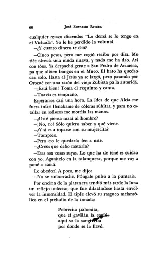 JostEUSTASIO RIVD4
cualquier retazo diciendo: "Lo demá se lo tengo en..
el Vichada". Yo le he perdido la voluntá.
-¿Y cuanto dinero te dió?
-Cinco pesos, pero me cogió recibo por diez. Me
tiée ofrecía una muda nueva, y nada me ha dao. Así
con tóos. Yadespachógente a San Pedro de Arimena.
pa que alisten bongos en el Muco. El hato ha quedao,
casi solo. Hasta el Jesús ya se largó, pero pasando por
Orocué conuna razón del viejo Zubieta pa la autoridá.
-¡Está bien! Toma el requinto y canta.
- Toavía es temprano.
Esperamoscasi una hora. La idea de que Alcia me
fuera infielllenábame de cóleras súbitas, y para no es-
tallar en sollozosme mordía las manos.
-¿Usté piensa matá al hombre?
-¡No, nol Sólo quiero saber a qué viene.
-¿Y si esa toparse con su mujercita?
-Tampoco.
-Pero eso le quedaría feo a usté.
-¿Crees que debo matarlo?
-Esas son'cosassuyas.Lo que ha de tené es cuidao
con yo. Aguaítelo en la talanquera, porque me voy a
poné a cantá.
Le obedecí.A poco, me dijo:
-No se emborrache. Póngale pulso a la puntería.
Por encima de la platanera tendió más tarde la luna
un reflejo indeciso, que fue dilatándose hasta envol-
ver la inmensidad. El tiple elevó su rasgueo melancó-
lico en el preludio de la tonada:
Pobrecita palomita,
que el gavilán la S~
aquí va la sangtMra
por donde se la llevó.
 