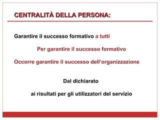 CENTRALITÀ DELLA PERSONA:  Garantire il successo formativo  a tutti Per garantire il successo formativo Occorre garantire il successo dell’organizzazione Dal dichiarato  ai risultati per gli utilizzatori del servizio 