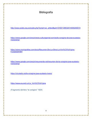 9
Bibliografía
http://www.scielo.org.co/scielo.php?script=sci_arttext&pid=S1657-89532014000200014
https://www.google.com/amp/s/www.culturagenial.com/es/la-voragine-de-jose-eustasio-
rivera/amp/
https://www.monografias.com/docs/Resumen-De-La-Obra-La-Vor%C3%A1gine-
F3JQGSAYBY
https://www.google.com/amp/s/resumende.net/resumen-de-la-voragine-jose-eustasio-
rivera/amp/
https://cicutadry.es/la-voragine-jose-eustasio-rivera/
https://www.ecured.cu/La_Vor%C3%A1gine
(Fragmento del libro “la vorágine” 1924)
 