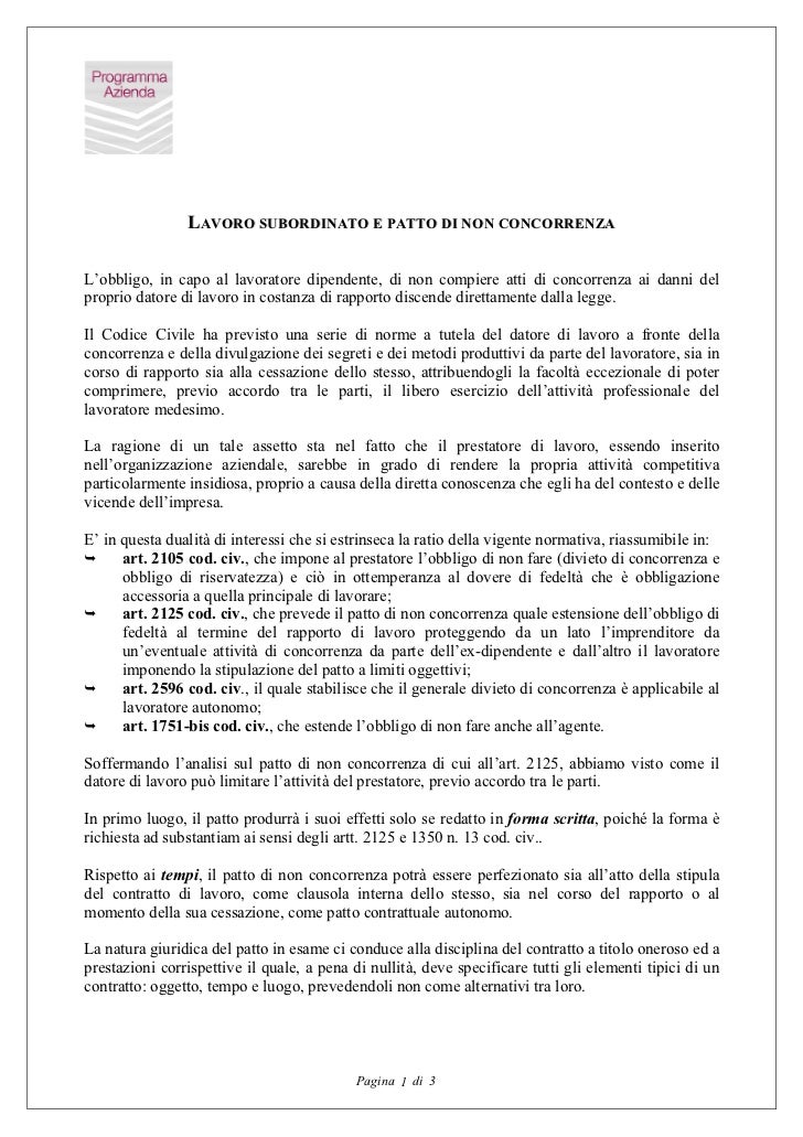 Lavoro subordinatoepattodinonconcorrenza