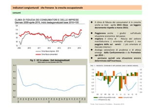 consumi	
  	
  	
  
u  Il	
   clima	
   di	
   ﬁducia	
   dei	
   consumatori	
   è	
   in	
   crescita	
  
anche	
   se	
   Istat	
   	
   aprile	
   2015	
   rileva	
   	
   un	
   leggero	
  	
  
decremento	
  rispe5o	
  a	
  marzo	
  2015;	
  
u  Peggiorano	
   anche	
   	
   i	
   giudizi	
   	
   sull’a?uale	
  
situazione	
  economica	
  	
  del	
  paese;	
  
u  migliora	
   il	
   clima	
   di	
   	
   ﬁducia	
   del	
   se?ore	
  
manifa?uriero	
   (	
   orientato	
   all’export	
   )	
   ma	
  	
  
peggiora	
   dello	
   sui	
   	
   servizi	
   	
   (	
   più	
   orientato	
   al	
  
mercato	
  interno	
  )	
  
u  Analoga	
   valutazione	
   di	
   prudenza	
   e	
   di	
   a?esa	
  	
  
emerge	
   	
   dalla	
   Confcommercio	
   e	
   da	
   Prometeia	
  
apr.2015	
  	
  ;	
  
u  	
   permane	
   quindi	
   una	
   situazione	
   ancora	
  
determinata	
  dall’incertezza.	
  	
  
	
  indicatori	
  congiunturali	
  	
  	
  che	
  frenano	
  	
  la	
  crescita	
  occupazionale	
  	
  
 