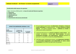 Cara5eris1che	
  delle	
  imprese	
  che	
  esportano	
  
	
  
	
  i	
  fa?ori	
  	
  che	
  hanno	
  eﬀeo	
  posi3vi	
  	
  sul	
  tasso	
  di	
  crescita	
  del	
  fa5urato	
  esportato	
  :	
  
1.  Dimensione	
  
2.  Capitale	
  umano	
  
3.  Inves1men1	
  in	
  ICT	
  
4.  Eﬃcienza	
  	
  
5.  Decentramento	
  del	
  processo	
  decisionale	
  
	
  
	
  EXPORT	
  PER	
  DIMENSIONE	
  AZIENDALE	
  	
  2013	
  
CLASSE	
  
DIMENSIONALE	
  
%	
  imprese	
  che	
  
esportano	
  	
  sulla	
  
classe	
  
%	
  	
  del	
  valore	
  
esportato	
  
0-­‐19	
   28	
   13	
  
20-­‐49	
   39	
   12	
  
50-­‐99	
   47	
   11	
  
100-­‐249	
   51	
   17	
  
250-­‐499	
   52	
   12	
  
500	
  OLTRE	
  	
   55	
   34	
  
fonte	
  Istat	
  
1.  Vi	
  è	
  una	
  relazione	
  quasi	
  lineare	
  	
  tra	
  dimensione	
  	
  di	
  impresa	
  	
  e	
  il	
  tasso	
  di	
  
crescita	
   dell’export;	
   conseguentemente	
   	
   la	
   scarsa	
   presenza	
   di	
   grandi	
  
imprese	
   	
   nel	
   sistema	
   produovo	
   italiano	
   	
   cos1tuisce	
   un	
   vincolo	
   al	
  
raﬀorzamento	
  della	
  compe33vità;	
  
2.  L’internazionalizzazione	
  è	
  un	
  processo	
  complesso	
  e	
  anche	
  costoso	
  	
  	
  	
  che	
  	
  
richiede	
   	
   di	
   sostenere	
   	
   	
   eleva3	
   cos1	
   	
   ﬁssi	
   di	
   entrata,	
   	
   ma	
   anche	
  
inves1men1	
   tecnologici	
   ,	
   una	
   organizzazione	
   	
   dedicata	
   composta	
   da	
  
personale	
  	
  con	
  speciﬁche	
  competenze,	
  risorse	
  ﬁnanziarie….	
  
3.  Tuo	
  fa?ori	
  ques3	
  	
  stre?amente	
  connessi	
  	
  con	
  la	
  dimensione	
  aziendale	
  e	
  
con	
  una	
  stru5ura	
  organizza1va	
  	
  con	
  la	
  disponibilità	
  	
  di	
  	
  risorse	
  	
  umane	
  	
  
e	
  ﬁnanziarie	
  che	
  una	
  PMI	
  il	
  più	
  delle	
  volte	
  non	
  possiede.	
  	
  	
  
	
  
	
  	
  	
  
	
  indicatori	
  stru5urali	
  	
  	
  	
  che	
  frenano	
  	
  la	
  crescita	
  occupazionale	
  	
   export	
  	
  
20/08/15	
   lavoro	
  e	
  crescita	
  	
  g.facco	
  2015	
   24	
  
 