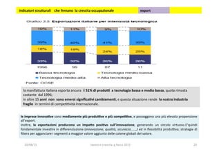  indicatori	
  stru5urali	
  	
  	
  	
  che	
  frenano	
  	
  la	
  crescita	
  occupazionale	
  	
   export	
  	
  
la	
  manifa?ura	
  italiana	
  esporta	
  ancora	
  	
  il	
  51%	
  di	
  prodoi	
  	
  a	
  tecnologia	
  bassa	
  e	
  medio	
  bassa,	
  quota	
  rimasta	
  
costante	
  	
  dal	
  1996;	
  
in	
  oltre	
  15	
  anni	
  	
  non	
  	
  sono	
  emersi	
  signiﬁca1vi	
  cambiamen1;	
  e	
  questa	
  situazione	
  rende	
  	
  la	
  nostra	
  industria	
  
fragile	
  	
  in	
  termini	
  di	
  compe33vità	
  internazionale.	
  	
  
le	
  imprese	
  innova1ve	
  sono	
  mediamente	
  più	
  produive	
  e	
  più	
  compe11ve,	
  e	
  posseggono	
  una	
  più	
  elevata	
  propensione	
  
all’export.	
  	
  
Inoltre,	
   le	
   esportazioni	
   producono	
   un	
   impa5o	
   posi1vo	
   sull’innovazione,	
   generando	
   un	
   circolo	
   virtuoso.E’quindi	
  
fondamentale	
  inves3re	
  in	
  diﬀerenziazione	
  (innovazione,	
  qualità,	
  sicurezza……,)	
  ed	
  in	
  ﬂessibilità	
  produova;	
  strategie	
  di	
  
ﬁliera	
  per	
  agganciare	
  i	
  segmen3	
  a	
  maggior	
  valore	
  aggiunto	
  delle	
  catene	
  globali	
  del	
  valore.	
  
20/08/15	
   lavoro	
  e	
  crescita	
  	
  g.facco	
  2015	
   29	
  
 