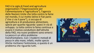 FAO è la sigla di Food and agriculture
organization ("Organizzazione per
l'alimentazione e l'agricoltura"), l'agenzia
delle Nazioni Unite che lotta contro la fame
nel mondo, il cui motto latino è Fiat panis
("che ci sia il pane"), si occupa di
agricoltura e di produzione alimentare,
specie per quanto riguarda i paesi in via di
sviluppo. La lotta contro la fame continua a
essere il motivo conduttore dell'attività
della FAO, ma nuovi problemi sono emersi:
La pesca è un altro problema
transfrontaliero. Con i moderni metodi di
pesca in alto mare, infatti, molte specie
ittiche rischiano l'estinzione, e questo è un
problema che riguarda tutti.
 