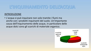 INTRODUZIONE
• L'acqua si può inquinare non solo tramite i fiumi ma
anche con i prodotti inquinanti del suolo. Un'importante
causa dell'inquinamento delle acque, in particolare delle
acque dolci sono gli scarichi di materiale organico.
 