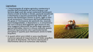 L’agricoltura
• L'inquinamento di origine agricola e zootecnica è
causato dall'immissione nei corsi d'acqua e nel
terreno degli scoli dei campi contenenti fertilizzanti
chimici (ricchi di fosfati e nitrati), pesticidi (insetticidi
e diserbanti) e liquami provenienti dalle stalle. Lo
scarico dei fertilizzanti chimici in fiumi, laghi e mari
va ad aumentare il fenomeno dell'eutrofizzazione.
Più grave è l'immissione dei pesticidi che, essendo
poco biodegradabili, si depositano e si concentrano
nei corsi d'acqua distruggendo ogni forma di vita.
Una maggiore attenzione da parte degli operatori
agricoli potrebbe ridurre in misura notevole questa
forma di inquinamento che è particolarmente
pericolosa in quanto può interessare anche le falde
acquifere.
• In questi ultimi anni infatti si sono manifestati
numerosi episodi di inquinamento di falde acquifere
ad opera di diserbanti, che hanno interessato il
rifornimento idrico di numerose città italiane.
 