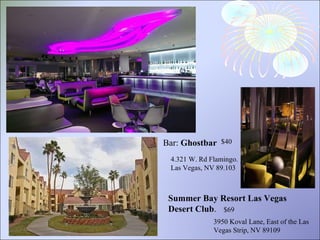 Bar:  Ghostbar 4.321 W. Rd Flamingo.  Las Vegas, NV 89.103 $40 Summer Bay Resort Las Vegas Desert Club . 3950 Koval Lane, East of the Las Vegas Strip, NV 89109   $69 