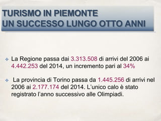 TURISMO IN PIEMONTE
UN SUCCESSO LUNGO OTTO ANNI
✤ La Regione passa dai 3.313.508 di arrivi del 2006 ai
4.442.253 del 2014, un incremento pari al 34%
✤ La provincia di Torino passa da 1.445.256 di arrivi nel
2006 ai 2.177.174 del 2014. L’unico calo è stato
registrato l’anno successivo alle Olimpiadi.
 