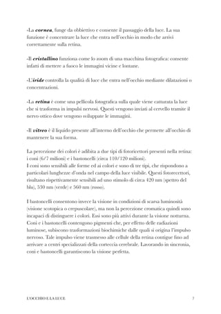 -La cornea, funge da obbiettivo e consente il passaggio della luce. La sua
funzione è concentrare la luce che entra nell’occhio in modo che arrivi
correttamente sulla retina.


-Il cristallino funziona come lo zoom di una macchina fotogra
fi
ca: consente
infatti di mettere a fuoco le immagini vicine e lontane.


-L’iride controlla la qualità di luce che entra nell’occhio mediante dilatazioni o
concentrazioni.


-La retina è come una pellicola fotogra
fi
ca sulla quale viene catturata la luce
che si trasforma in impulsi nervosi. Questi vengono inviati al cervello tramite il
nervo ottico dove vengono sviluppate le immagini.


-Il vitreo è il liquido presente all’interno dell’occhio che permette all’occhio di
mantenere la sua forma.


La percezione dei colori è adibita a due tipi di fotoricettori presenti nella retina:
i coni (6/7 milioni) e i bastoncelli (circa 110/120 milioni).


I coni sono sensibili alle forme ed ai colori e sono di tre tipi, che rispondono a
particolari lunghezze d’onda nel campo della luce visibile. Questi fotorecettori,
risultano rispettivamente sensibili ad uno stimolo di circa 420 nm (spettro del
blu), 530 nm (verde) e 560 nm (rosso).


I bastoncelli consentono invece la visione in condizioni di scarsa luminosità
(visione scotopica o crepuscolare), ma non la percezione cromatica quindi sono
incapaci di distinguere i colori. Essi sono più attivi durante la visione notturna.


Coni e i bastoncelli contengono pigmenti che, per effetto delle radiazioni
luminose, subiscono trasformazioni biochimiche dalle quali si origina l’impulso
nervoso. Tale impulso viene trasmesso alle cellule della retina contigue
fi
no ad
arrivare a centri specializzati della corteccia cerebrale. Lavorando in sincronia,
coni e bastoncelli garantiscono la visione perfetta.


L’OCCHIO E LA LUCE 7
 