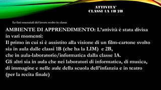 ATTIVITA’ 
CLASSI 1A 1B 2B 
Le fasi essenziali del lavoro svolto in classe 
AMBIENTE DI APPRENDIMENTO: L’attività è stata divisa 
in vari momenti: 
Il primo in cui si è assistito alla visione di un film-cartone svolto 
sia in aula dalle classi 1B (che ha la LIM) e 2B, 
che in aula-laboratorio/informatica dalla classe 1A. 
Gli altri sia in aula che nei laboratori di informatica, di musica, 
di immagine e nelle aule della scuola dell’infanzia e in teatro 
(per la recita finale) 
 