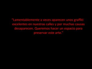   “Lamentablemente a veces aparecen unos graffiti excelentes en nuestras calles y por muchas causas desaparecen. Queremos hacer un espacio para preservar este arte.”