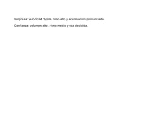 Sorpresa: velocidad rápida, tono alto y acentuación pronunciada.
Confianza: volumen alto, ritmo medio y voz decidida.
 